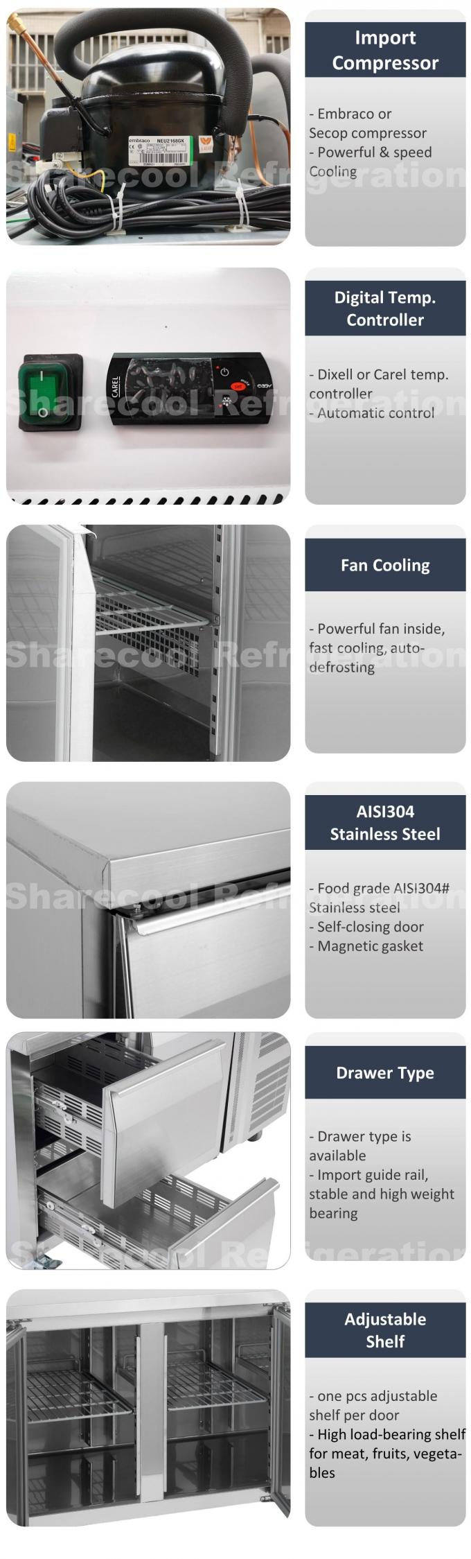 Restaurant 260L Double Door Undercounter Refrigerator Embraco Compressor